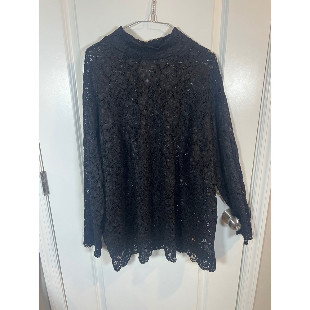 Susan Graver Womens Lace Top Mock Neck Black 3X